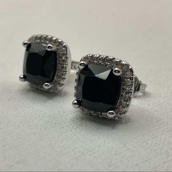 925 Sterling Silver Cushion Cut Black Onyx Diamond Halo Elegant Stud Earrings - Picture 6 of 15